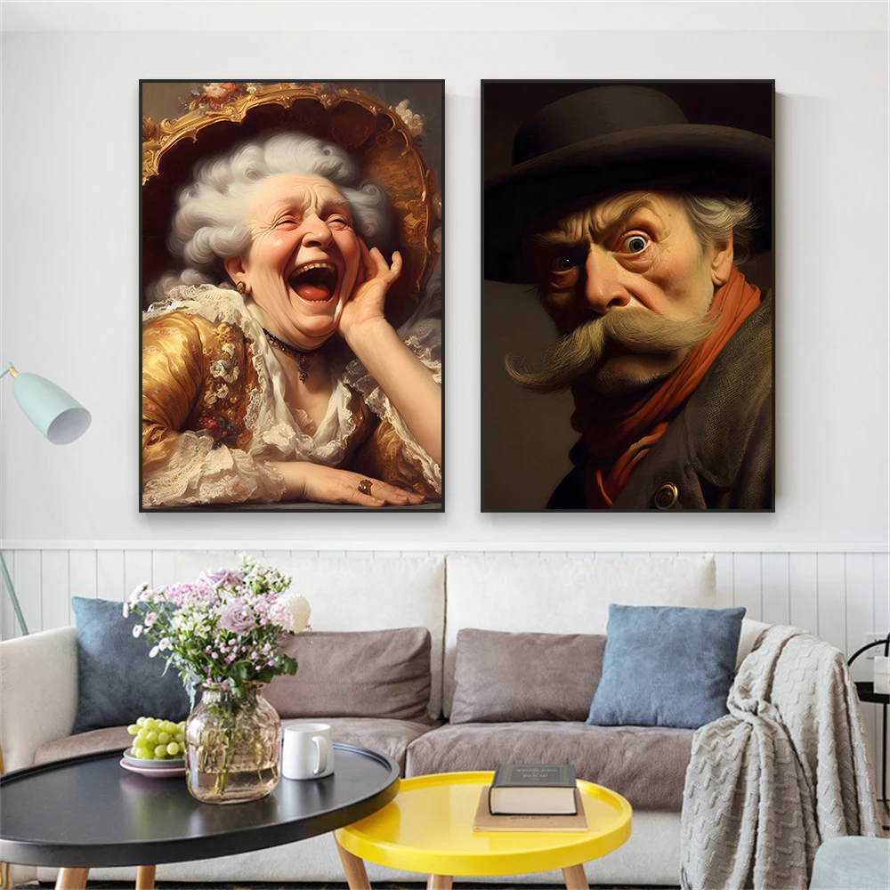 Funny Altered Art Oil Painting Prints Man Surprised Portrait Poster Renaissance Baroque Canvas Painting For Gallery Home Decor