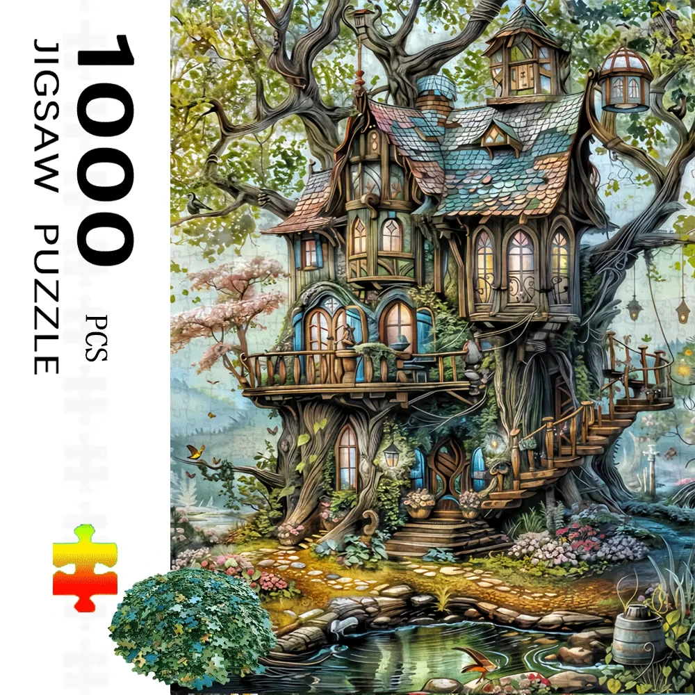 

1000pcs Enchanted Treehouse Puzzle - Whimsical Fairy Tale House with Lush Greenery, Vibrant Colors, High-Quality Printed Artwork