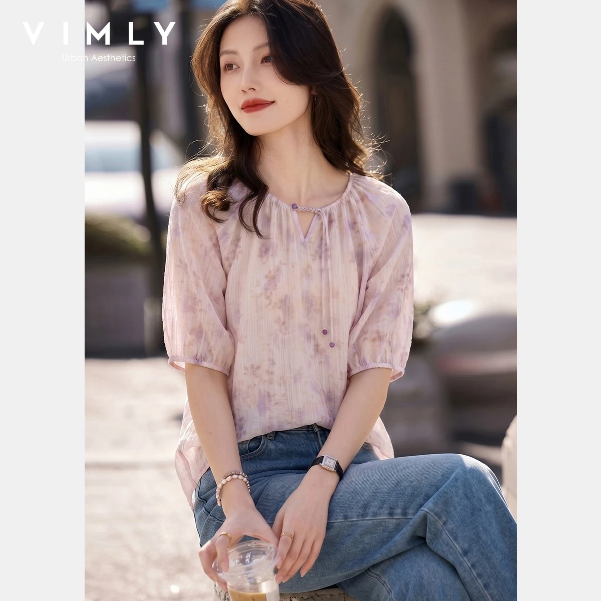 

VIMLY Women's Lyocell Gentle Floral Shirt 2026 Summer New Disc Buckle Bead Half Sleeve Loose Shirt Ladies Casual Top A6977