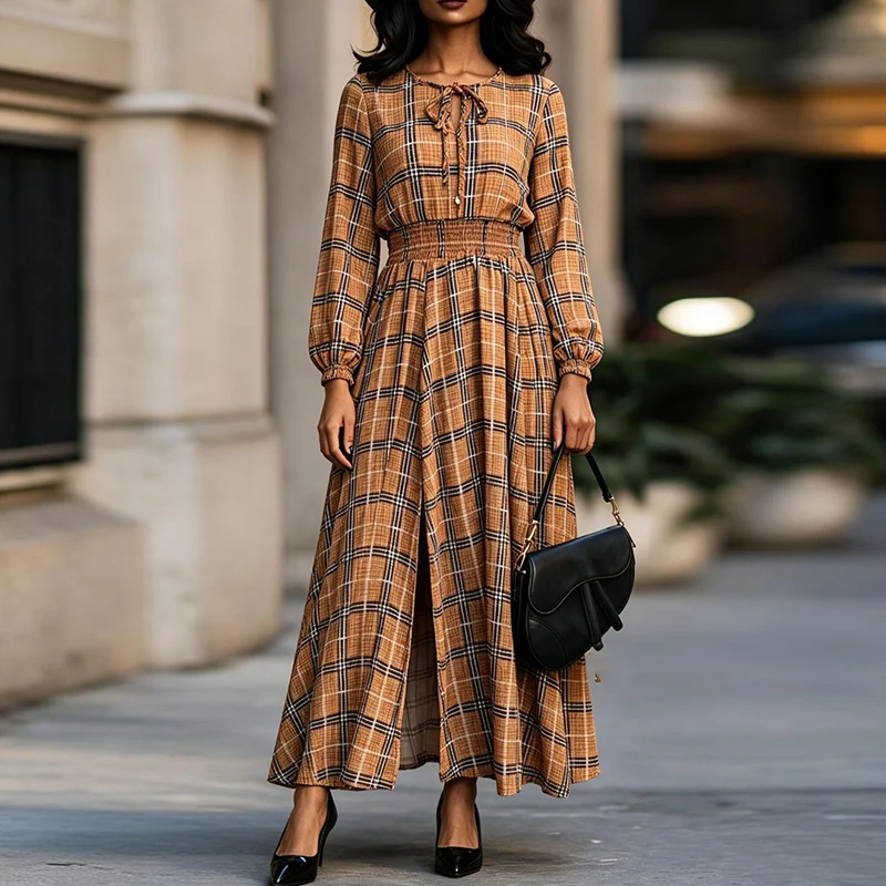Women Plaid Print Maxi Dress Sexy Tie Neck Long Sleeves Smocked Waist Party Dress Vintage Fall Casual O Neck A‑Line Long Dresses