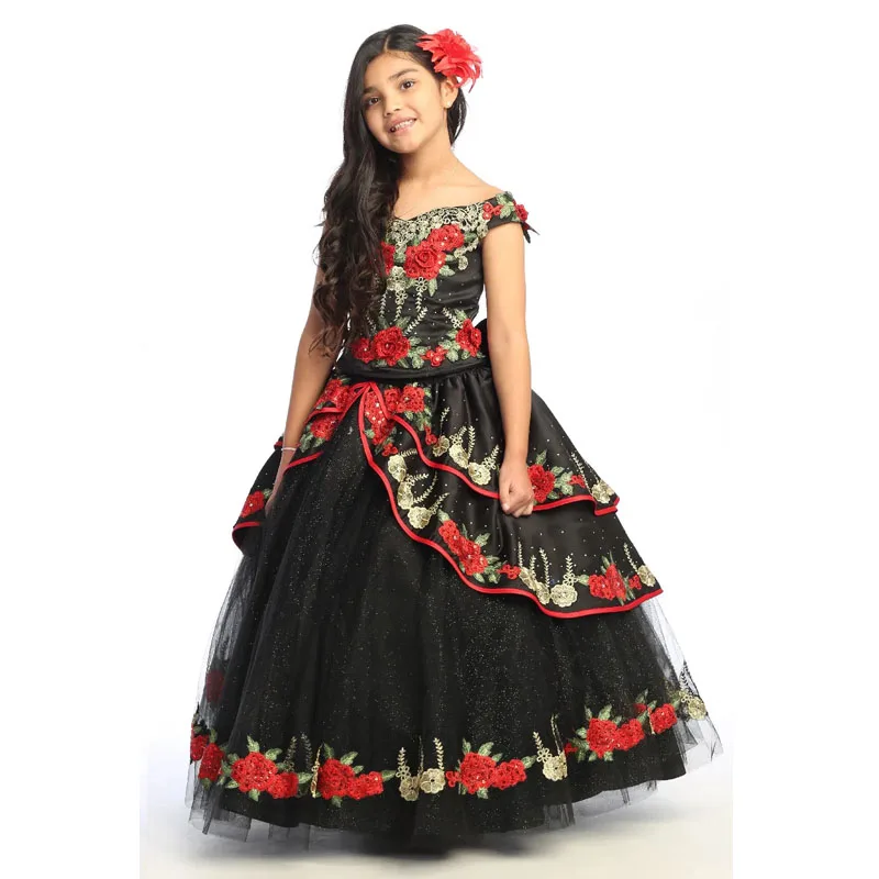 Mini vestidos de quinceañera negros, línea A, hombros descubiertos, apliques, vestidos de niña de flores para bodas, vestidos de desfile mexicano, bebé