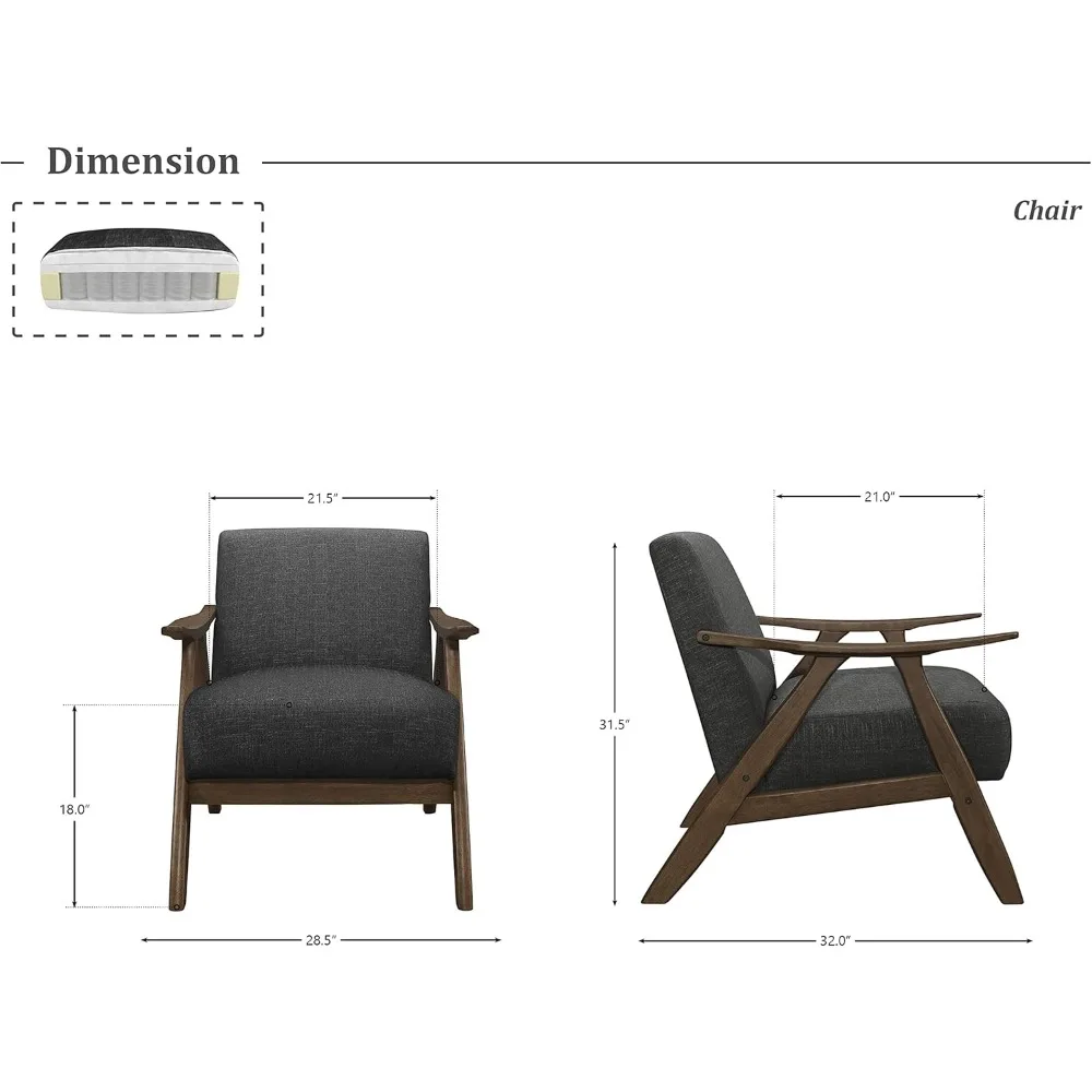 Lexicon-Mid Century Modern Accent Cadeira, Frame madeira maciça, acabamento em noz, estofados Sala, Lounge Arm Chair