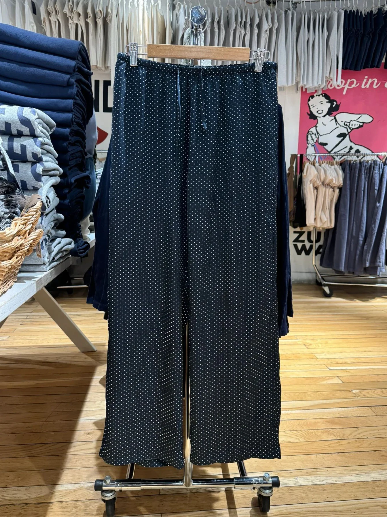 Pantaloni lunghi blu scuro a pois con coulisse Donna Autunno Pantaloni dritti sottili in cotone a vita bassa Pantaloni sportivi larghi dolci stile preppy Nuovo