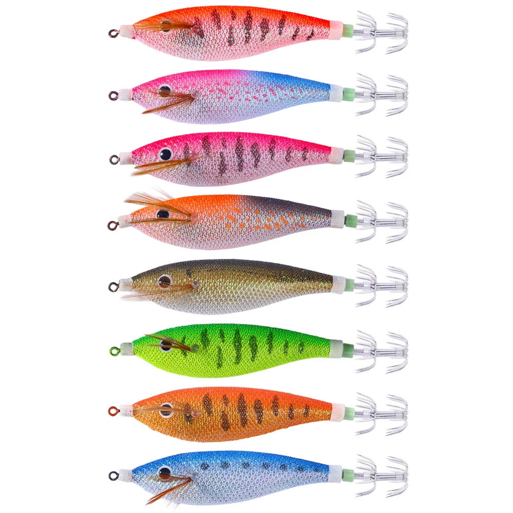 Glowing Horizontal Squid Trolling Lure 11CM/13.4G Luminous Squid Jigging Eging Wood Shrimp Hooks Floating Squid Lure for Fishing