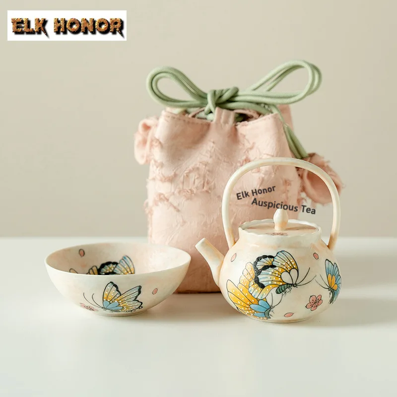 

Hand-drawn Butterfly Travel Tea Set Kit Luxury 1 Pot 1 Cups Household Tea Maker Organizer Portable Camping Stock Bags Decoration