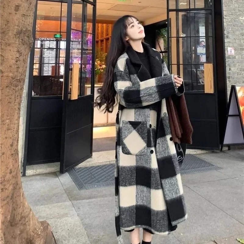 

Двусторонний шерстяной плащ в клетку большого размера, женская осенне-зимняя модная ветровка с пуговицами в стиле ретро w1454