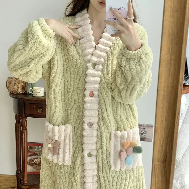 Women Robes Winter Thicken Warm Sleepwear Coral Fleece Bathrobe Ladies Pajamas Female Casual Home Clothes Butttons Nightdress