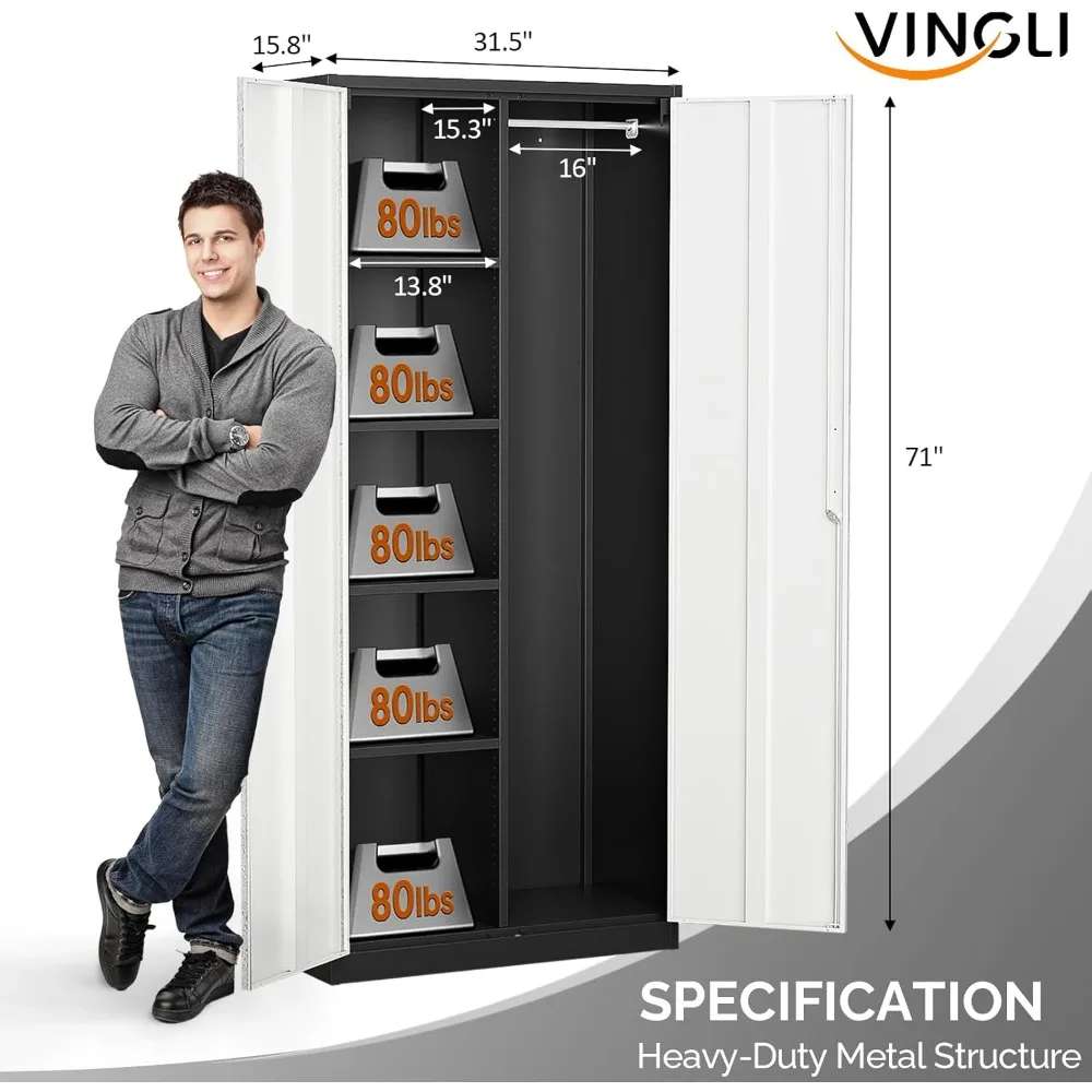 خزانة تخزين معدنية مع قضيب تعليق، 4 أرفف قابلة للتعديل، أبواب قفل بتصميم نمط رمادي حديث، خزانة ملابس الدولاب