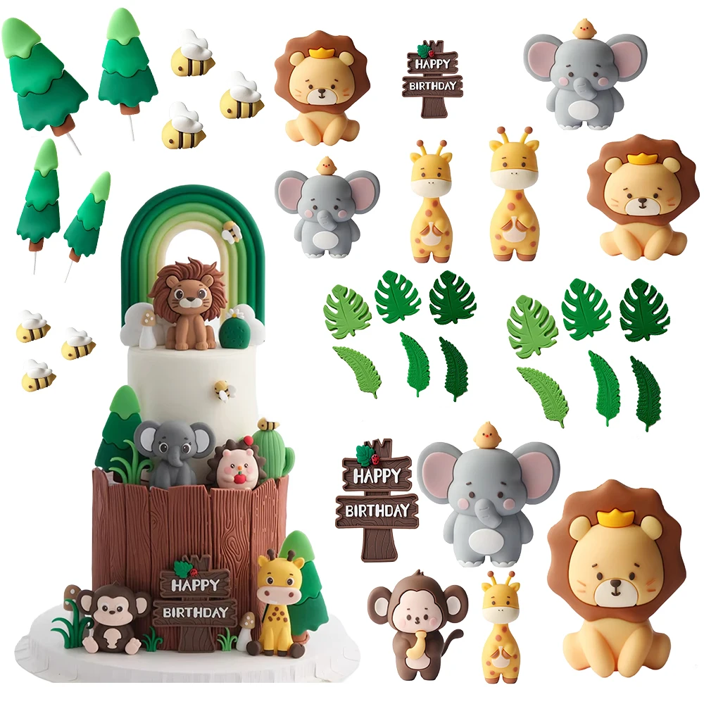 Dschungel Safari Tier Kuchen Topper Set Löwe Elefant Giraffe für Wild One Baby Dusche Geburtstag Party Dekorationen Kinder Kuchen Dekor