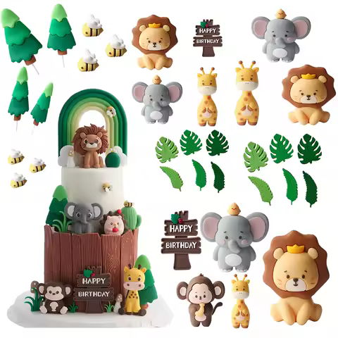Jungle Safari Animal Cake Topper Set Lion Elephant Giraffe for Wild One Baby Shower Birthday Party Decorations Kids Cake Decor