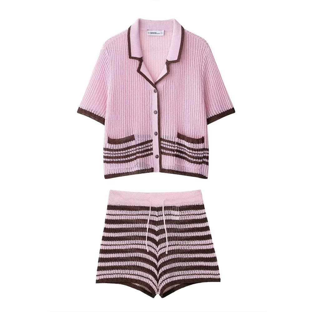 

Turn Down Collar Single Breasted Short Sleeves Loose Top Elastic Waist Short Pants Women Striped Suit Set Spring New