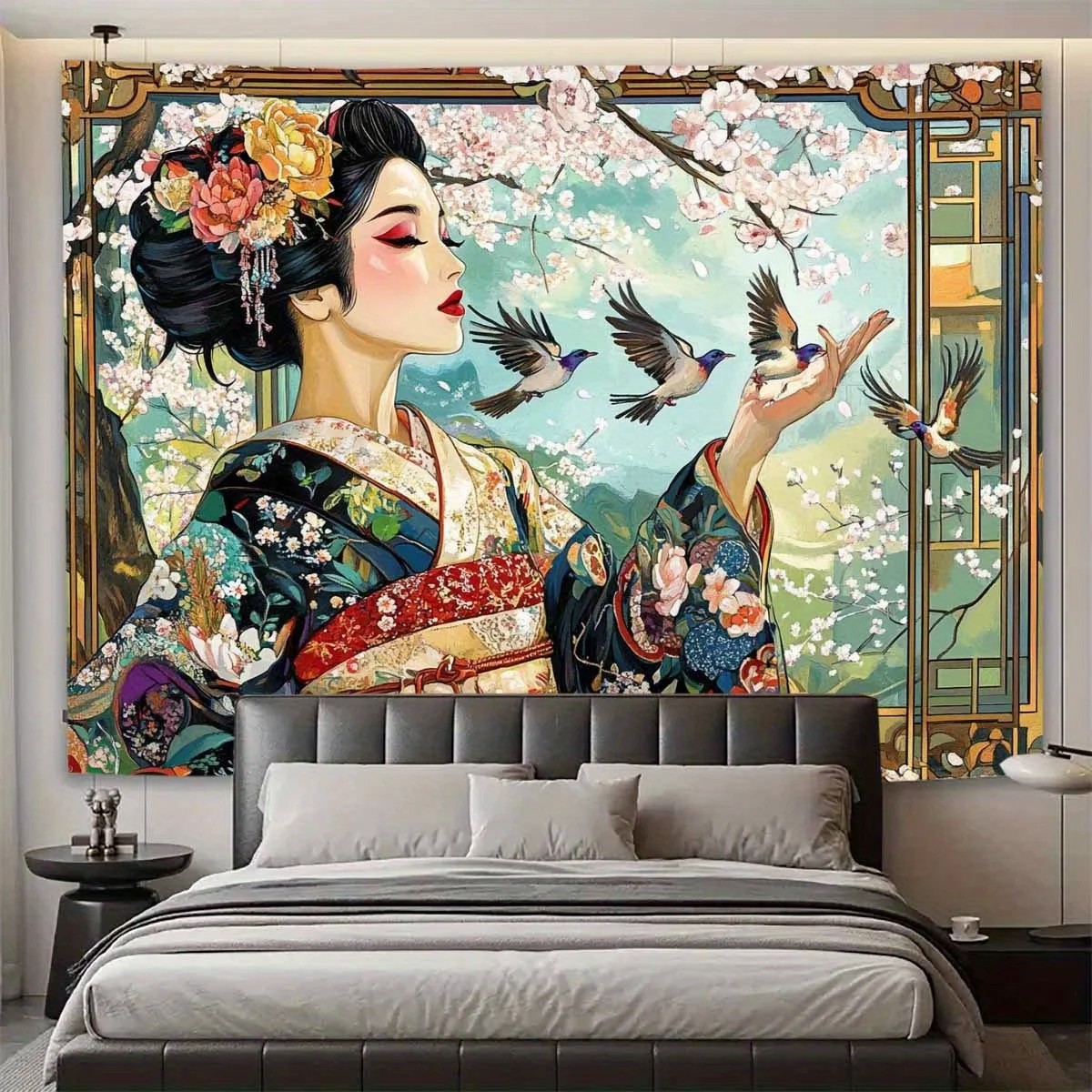 Japanese Geisha Tapestry, Cherry Blossom Wall Hanging, Kimono Girl Art Dorm Decor, Asian Aesthetic Bedroom Blanket for Women