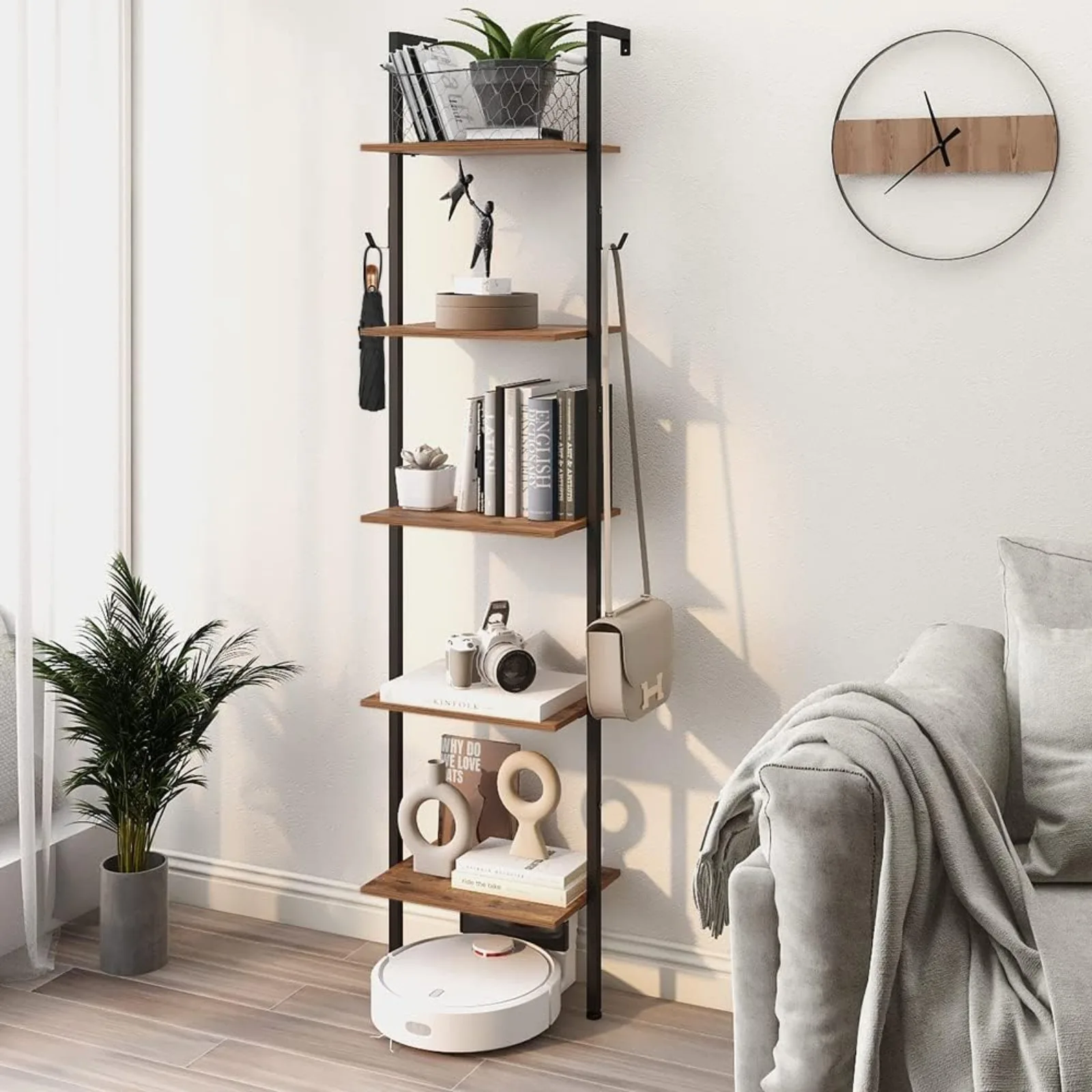 

US USIndustrial Bookshelf Wall Mounted 5-Tiers Ladder Shelf Wooden and Metal Narrow Thin Bookshelf Open