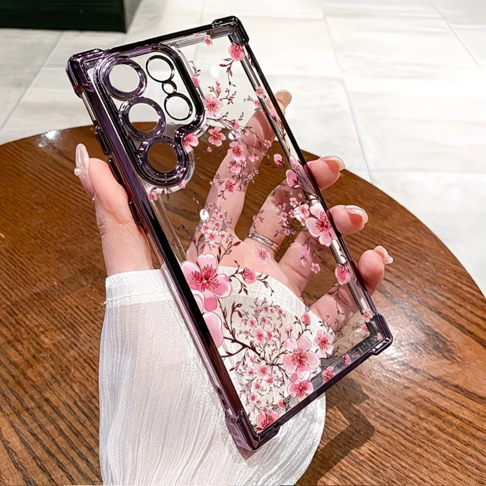 Cherry Blossom Electroplated Four-Corner Anti-Fall Phone Case For Samsung Galaxy S26 S25 S24 S23 S22 S21 Ultra Plus FE Cover ﻿