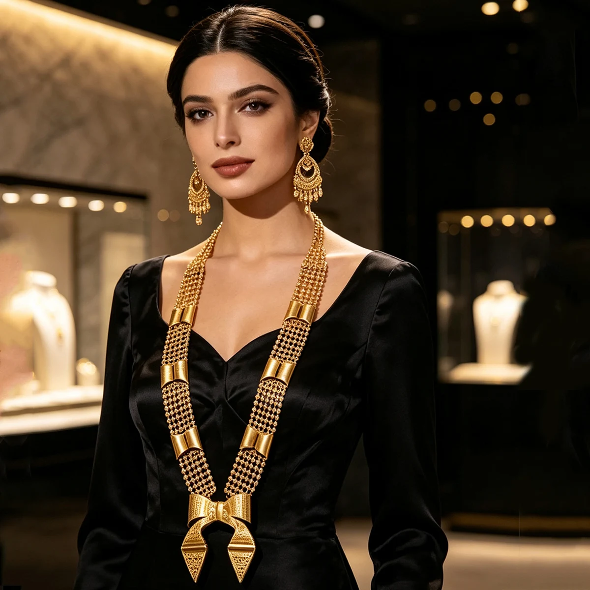 Gold Plated Bowknot Pendant Long Chain Necklace for Women Middle East Arab Kurdish Bride Jewelry Ethnic Alloy Carved Accessory