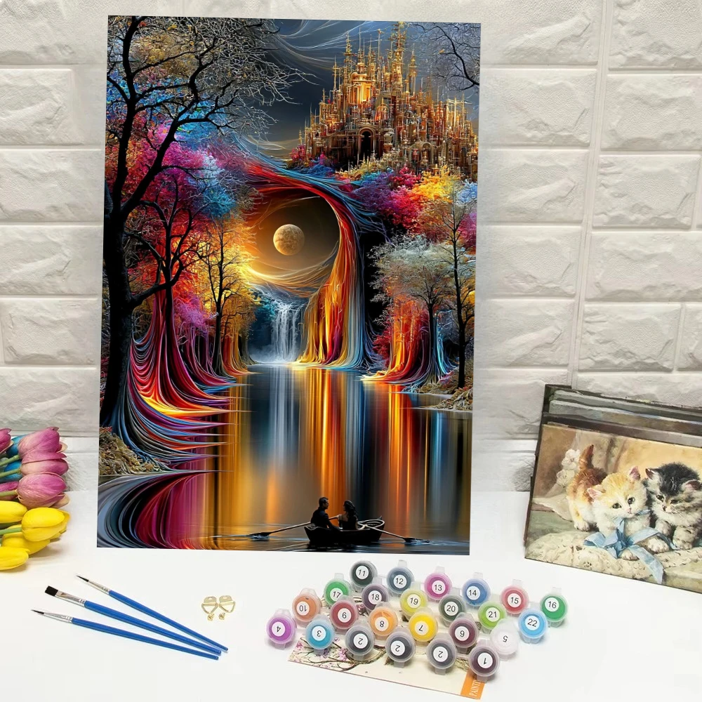 Surreal Colorful Castle Scenery Couple Boat Oil Painting By Numbers DIY Fantasy Artwork For Bedroom Wall Decoration No Frame