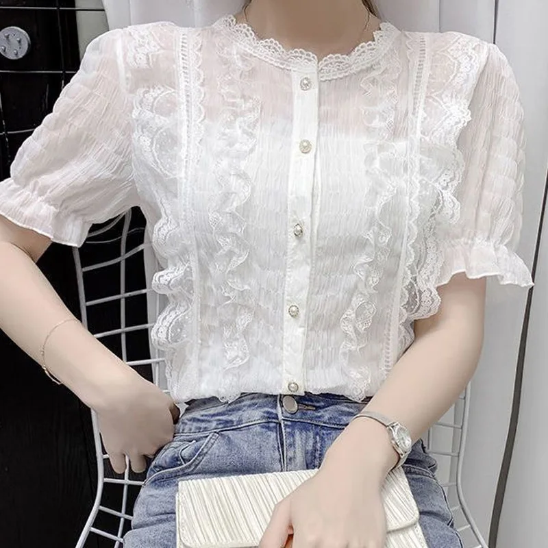 Solid Color Ladies Lace Hollow Out Blouses Short Sleeve Tops Summer Office Lady Interior Lapping 2024 New White Women\'s Clothing