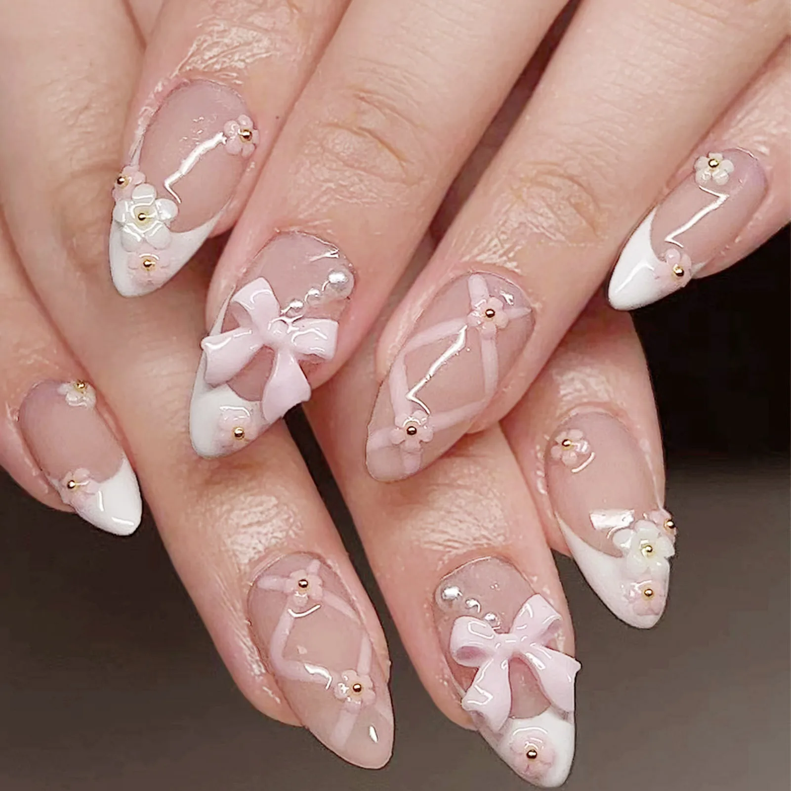 24 Stück künstliche Nägel in Mandelform, braune Streifen, rosa Blumen, künstliche Nägel, tragbare Nägel mit vollständiger Abdeckung, Acryl-Nagelspitzen, künstliche Nägel