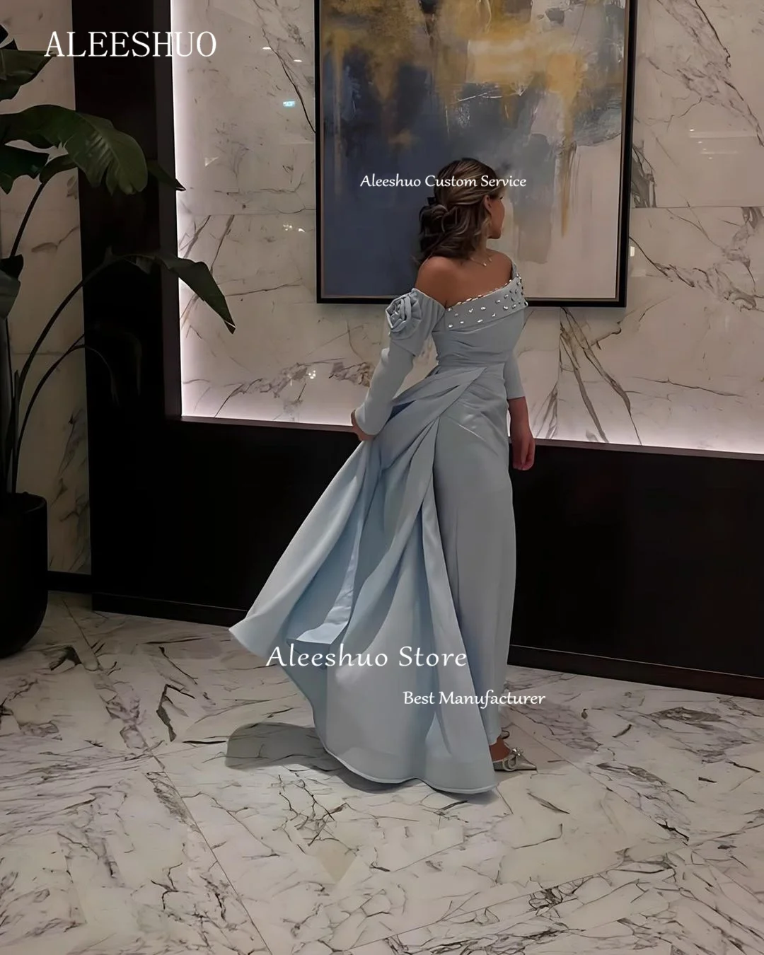 Aleeshuo Sky Blue Off The Shoulder abiti da ballo abito da sera in cristallo a sirena elegante pieghe occasioni formali lunghezza del pavimento 2024