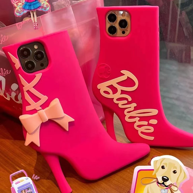 Cute Barbie 3D Pink High Heels Silicone Phone Case For iPhone 14 13 12 11 Pro Max Korean Lovely Cartoon Shockproof Soft Cover