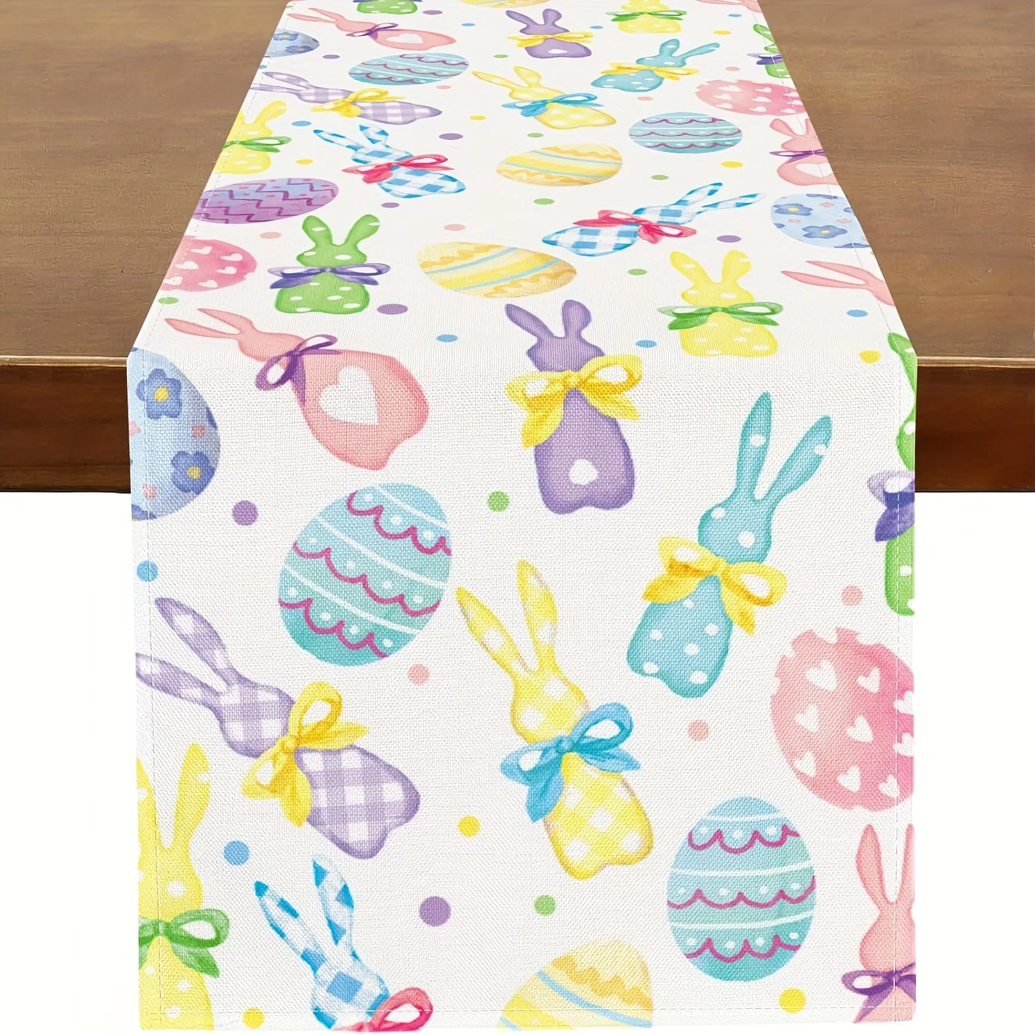 Oster-Tischläufer aus Leinen – Häschen- und bunte Eier-Design, Frühlingsferien, Küche, Esszimmer, Heimdekoration