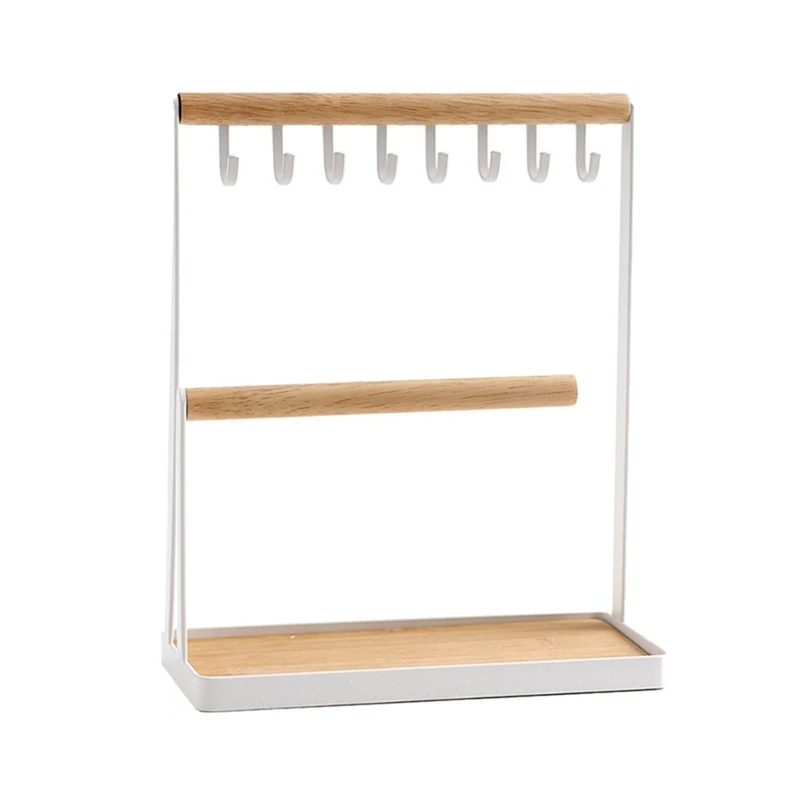 

Jewelry Tree Stand Organizer, Necklace Holder Stand With Jewelry Tray Base, White Metal And Wood Basic