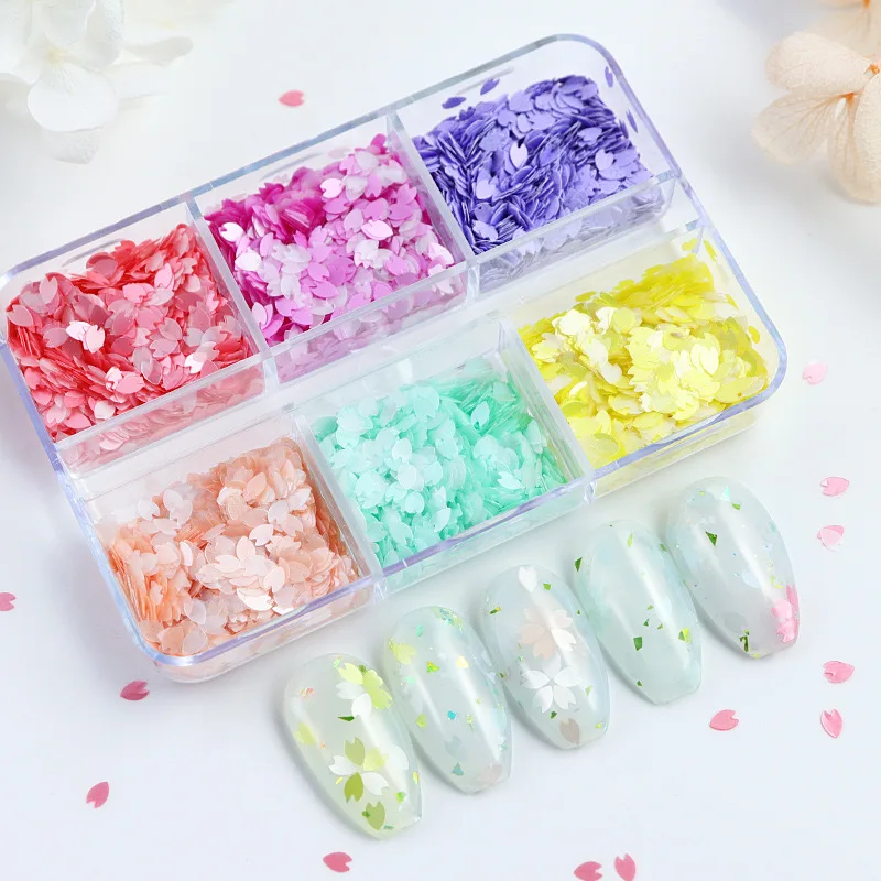 2024 New 6 Slots/box Sakura Nails  Charms Glitter Press On Nail Art Design Decorations Tools For Manicure Ornament Accessories