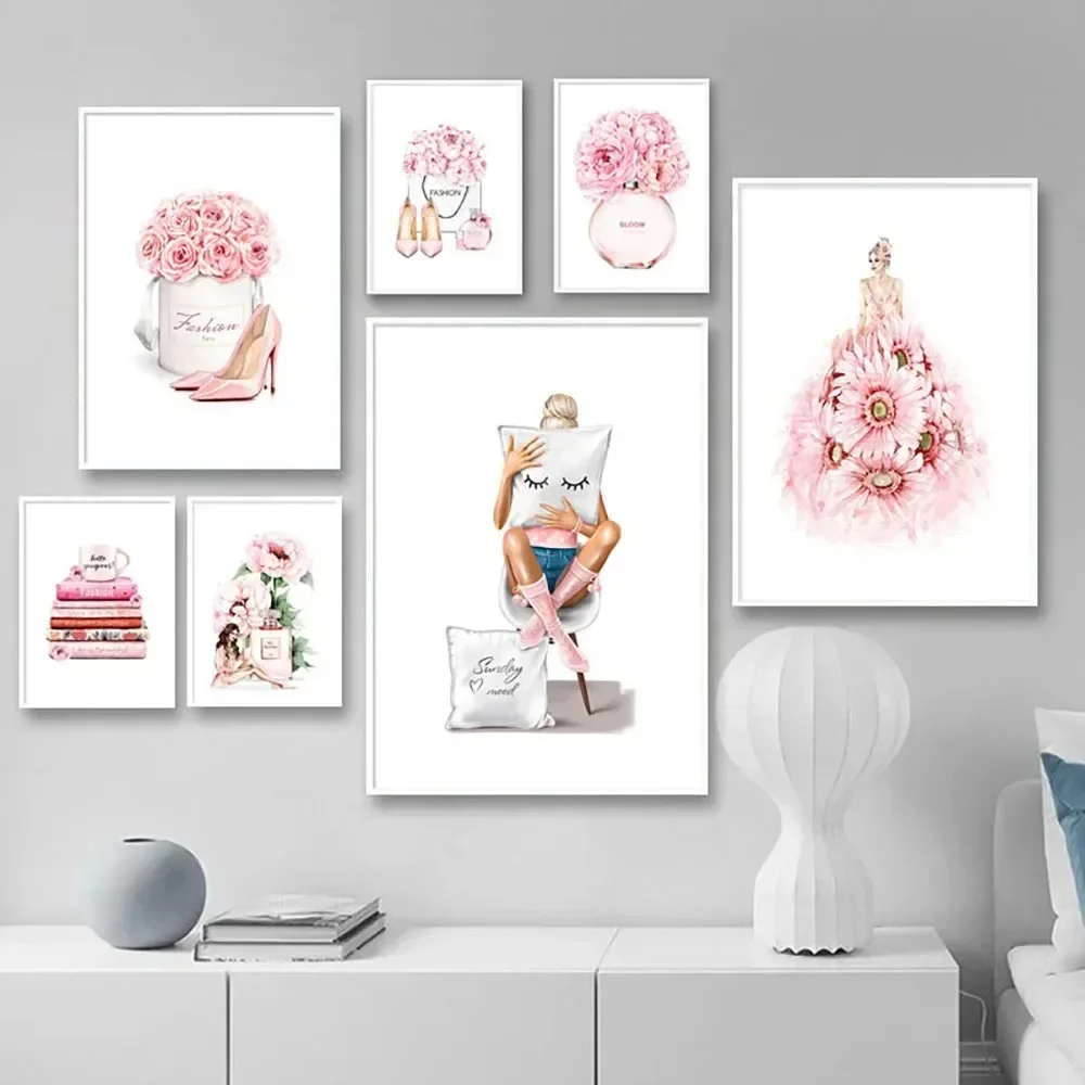 Canvas Painting Nordic Fashion Beauty High Heels Perfume Bottle Flower Poster Decoration Mural Home Living Room Wall Art Deco