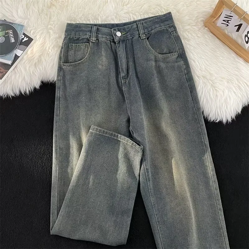Men American Vintage Gradient Denim Pants Distressed High Street Trendy Loose Straight Wide Leg Trousers