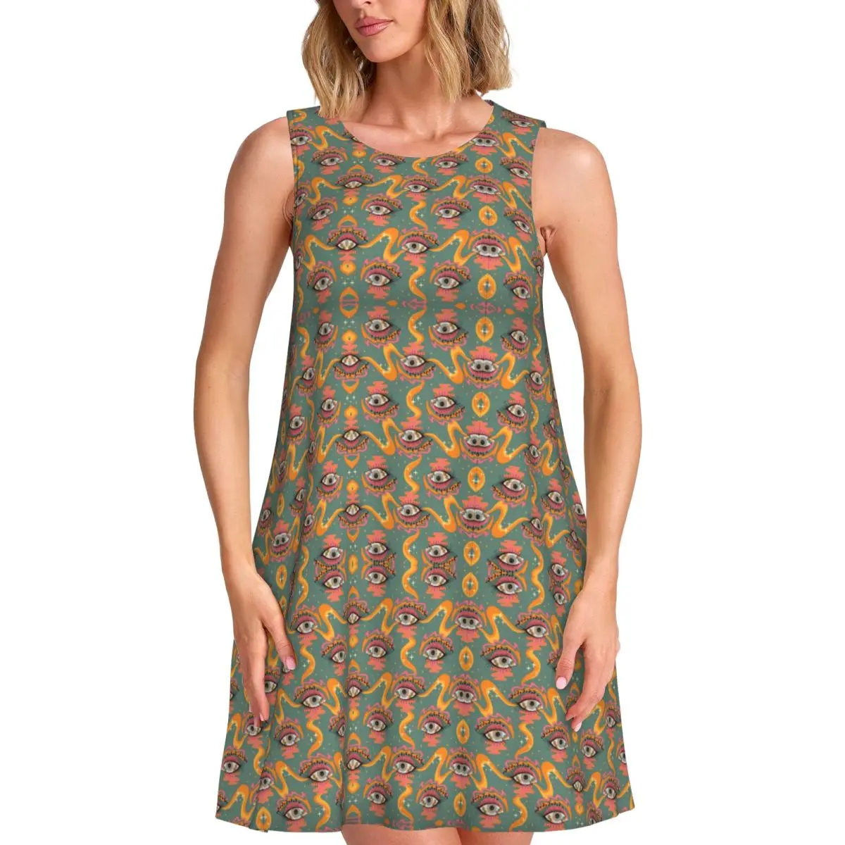 

Женское платье без рукавов с крутым узором от сглаза на заказ, турецкий сарафан Lucky Charm, повседневное пляжное платье с карманами для путешествий