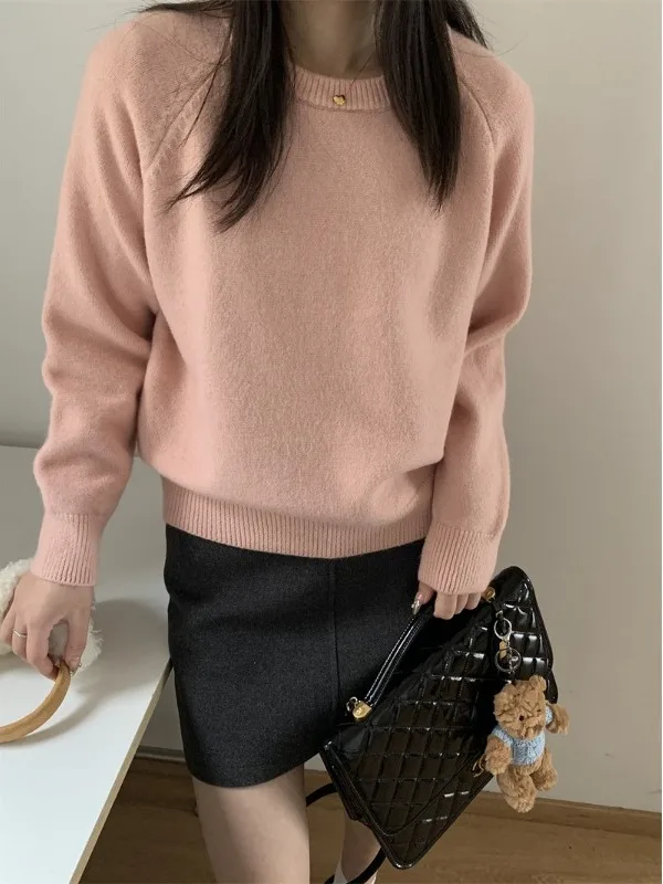 

Sweet Sle round Ne Knitwear Loose Women's Pure Color Casual Top Dopane Trend Autumn New Arrival Korean Sle