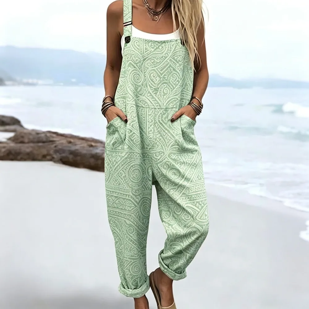 Women Boho Ethnic Print Sleeveless Baggy Overalls Bohemian Casual Western Jumpsuit Casual Beach Vacation Pocketed Streetwear