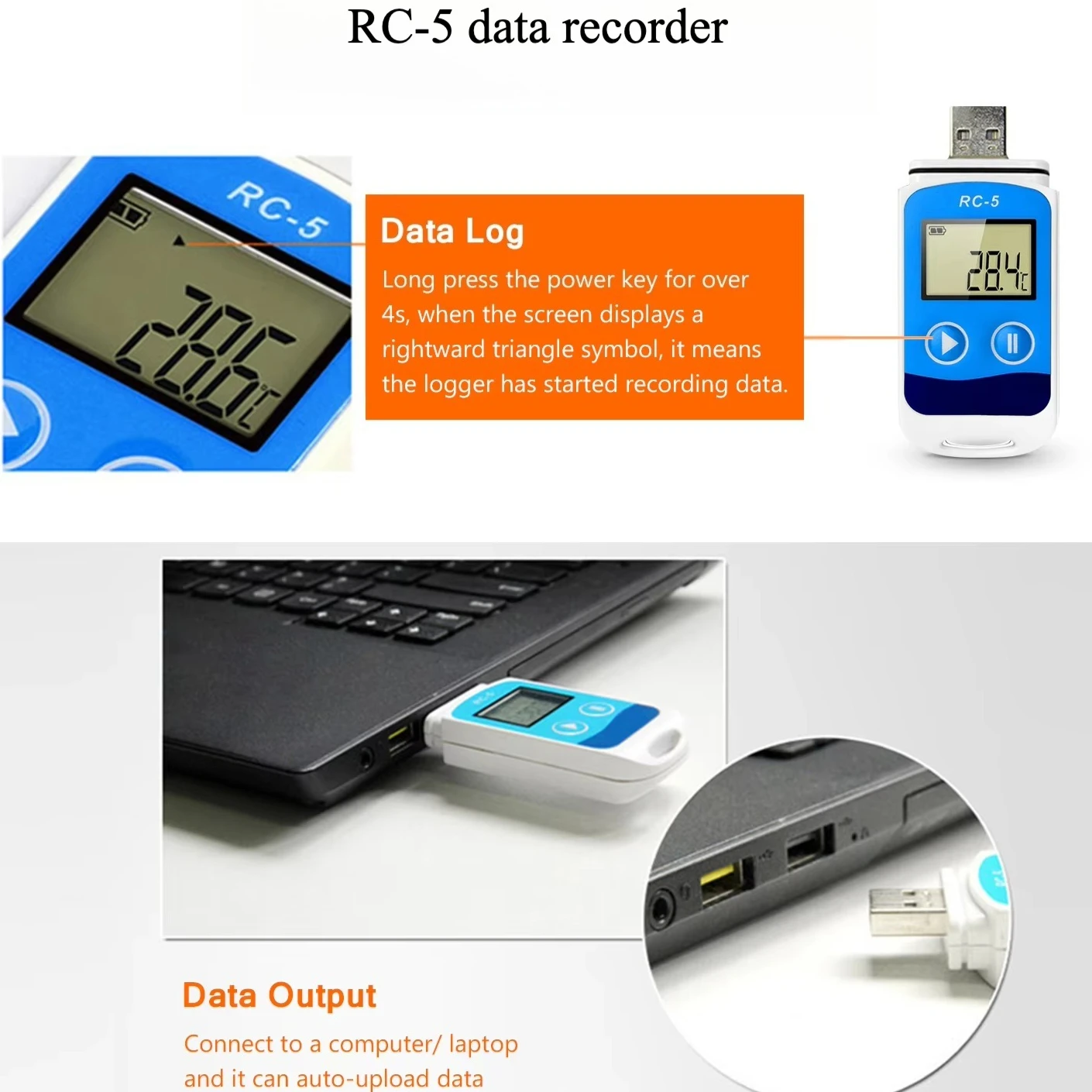Elitech RC-5 Mini USB Temperature Data Logger LCD Display IP67 Waterproof Industrial transport recorder 32000 Points
