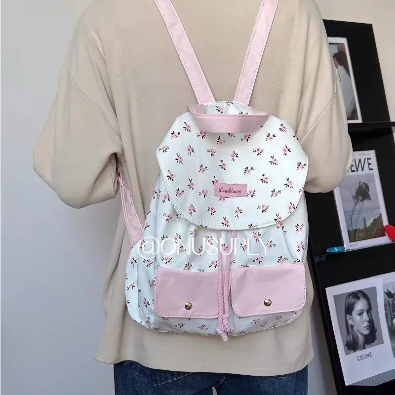 Women High Value Large Capacity Floral Canvas Backpack Niche Design Girl Student Backpacks Commuting Nylon Contrasting Color Bag