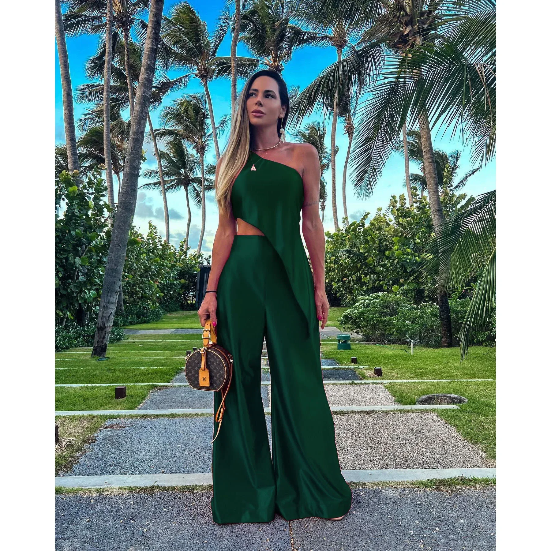 Elegant Women Loose Pants Suits Sexy Off Shoulder Irregular Tops Wide Leg Pants Solid Outfits Summer Sleeveless Two Piece Sets