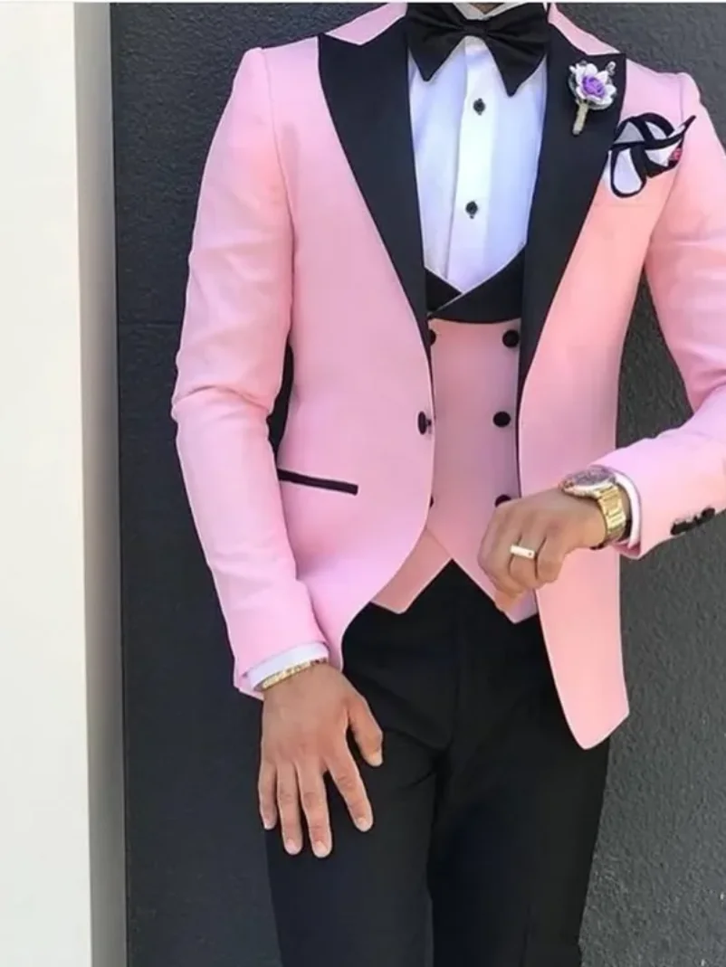 3 PieceLatest Pink with Black Lapel Suits for Men Custom Made Terno Slim Fit  Groom Wedding Mens Suit Masculino