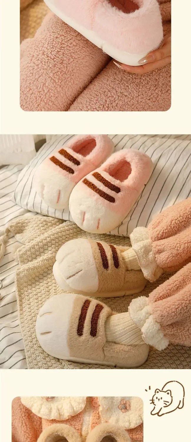 2025 Women's Cat Paw Cotton Slippers Women's Winter Fleece-Lined Thickened Cute Outdoor/Indoor Cotton Slippers