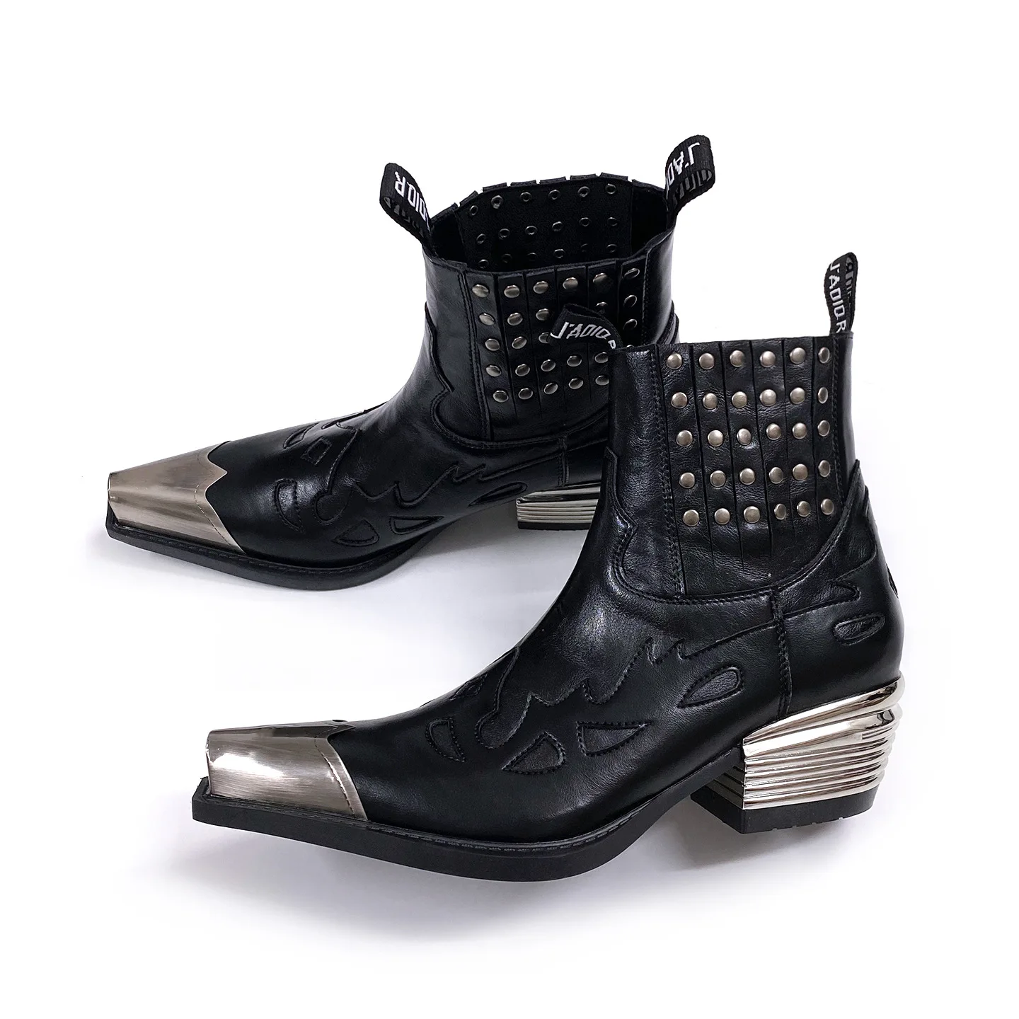 Retro Punk Metal Head Chelsea Men's Pointed Head Riveted Short Western Cowboy Style Thick Bottom Height Boots Women
