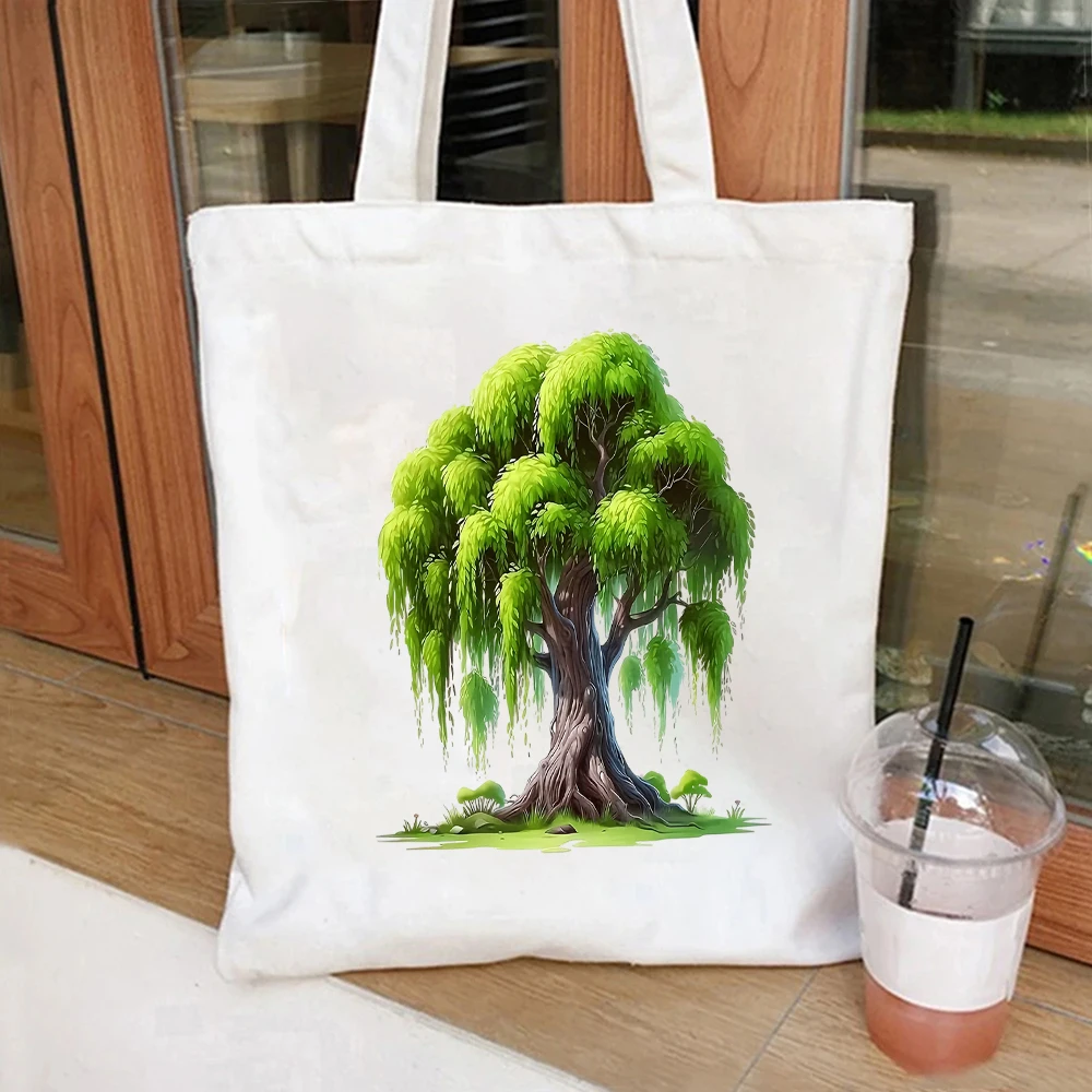 Watercolor Weeping Willow Tree Canvas Tote Bag Stylish Design for Everyday Use,Commute,Travel Shopping,yoga Bag