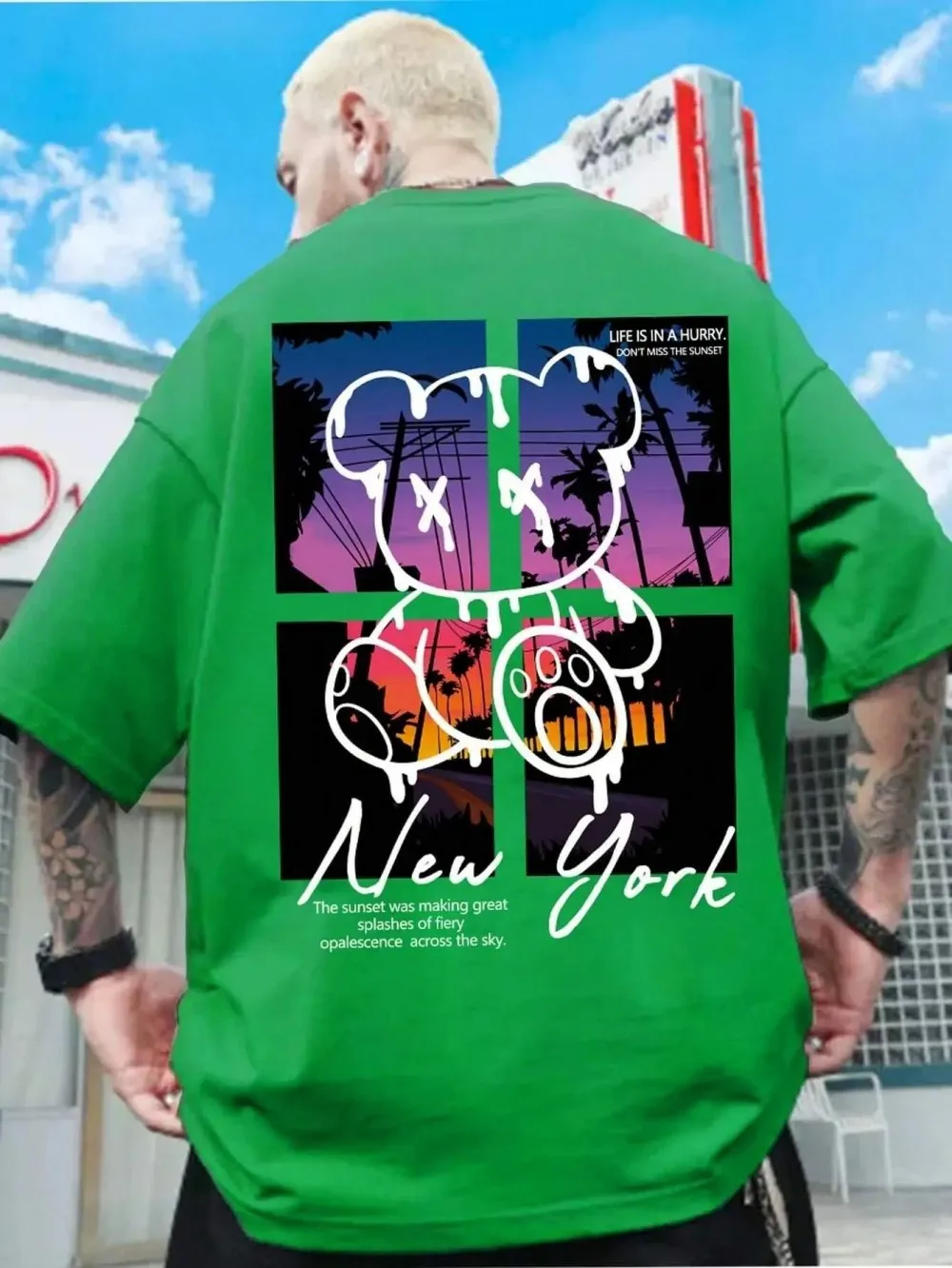 American men's summer teddy bear graffiti landscape print micro elastic breathable round neck T-shirt outdoor street top