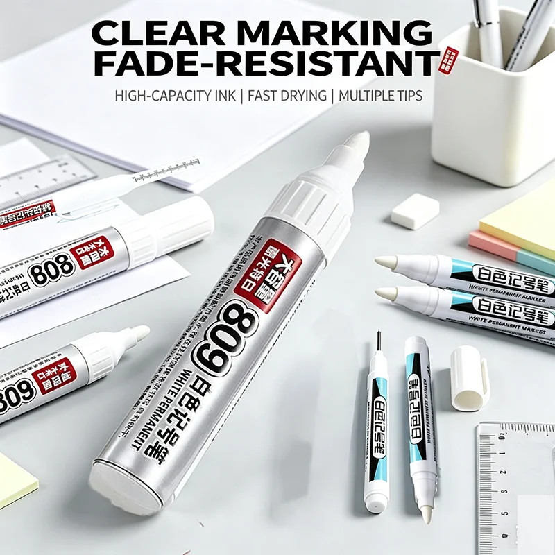 5Pcs White Permanent Marker Set – Fine/Broad/Long Nib Options, Quick-Dry for Black Paper, Modeling, DIY Art
