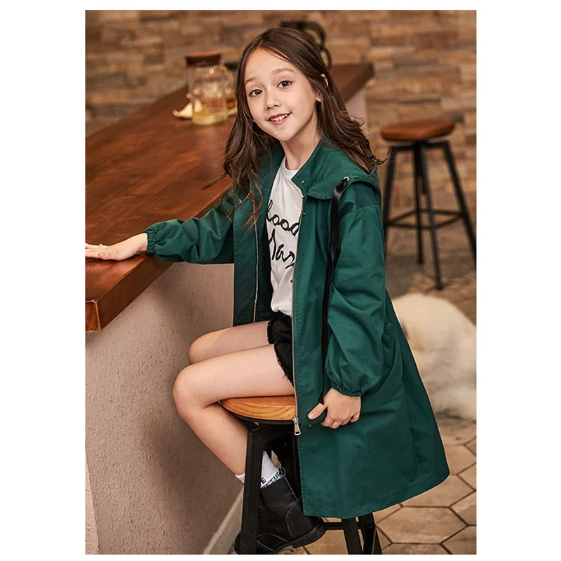 Girls Autumn Jackets Long Style Trench Solid Colour Coat Kids Hooded Overcoat Teens Casual Zipper Trench Spring Outer Clothing