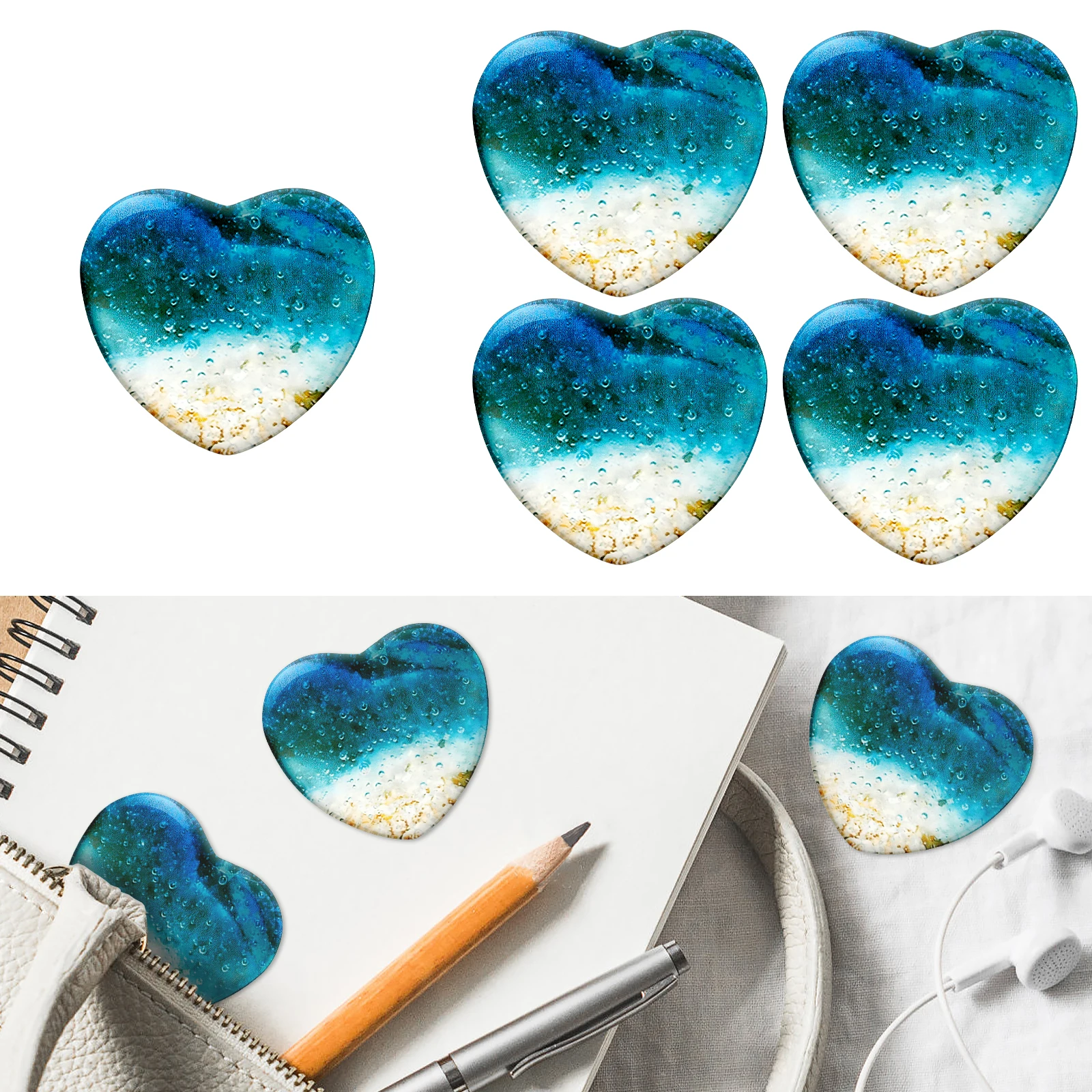 1/4Pcs Glass Beach Pocket Heart Handmade Sea Glass Heart Ornament with Beach and Waves Heart Shaped Beach Decor 2×2×0.4 Inch