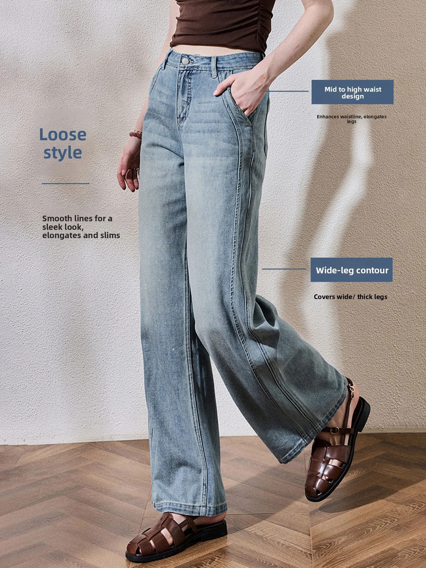 Retro Gradient Blue Straight Leg Jeans Casual Women's Autumn Fashion Tiantai Flash Powder Jeans Comfortable Cotton Polyester ...