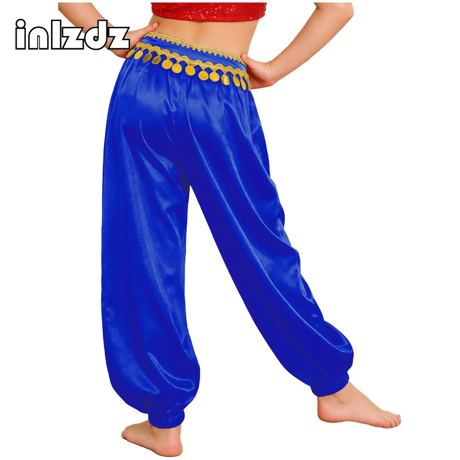 

Tribal Arabic Dance Performance Loose Pants for Kids Children Girls Belly Dance Pants Braid Trim Sequin Tassels Loose Bloomers
