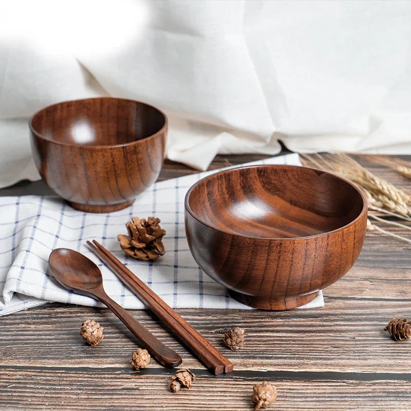 1/4Pcs Japanese  Wooden Bowl Natural Thicken Jujube Wood Bowl Set Wooden Spoon Chopsticks and Box Fruit Salad Noodle Rice Soup