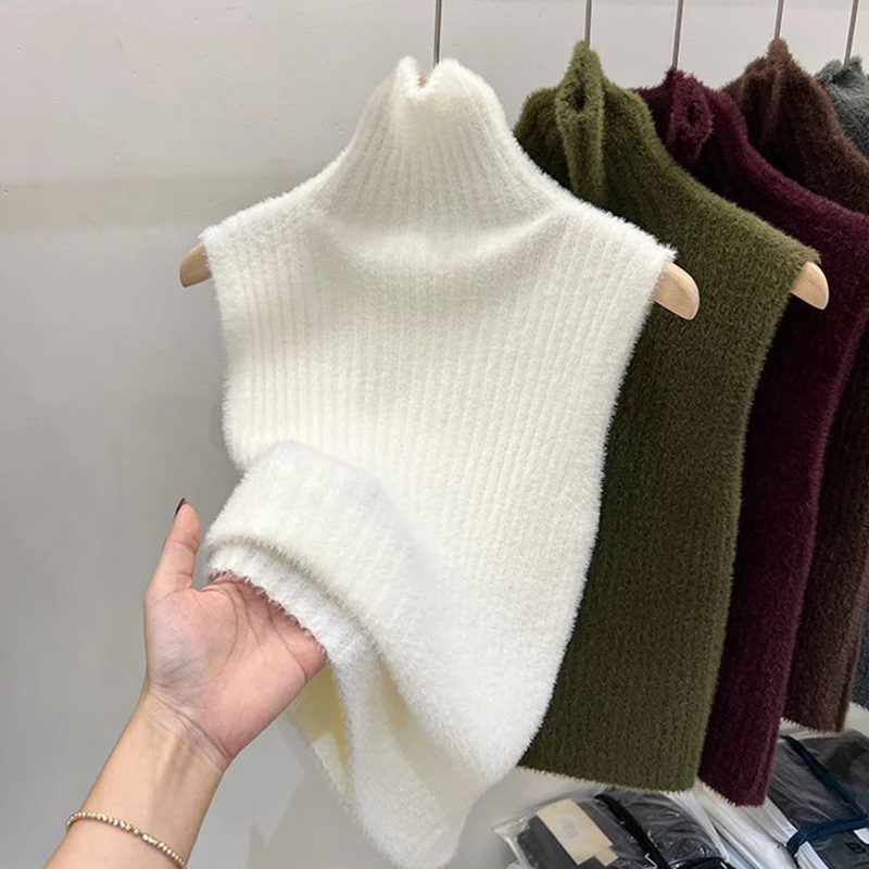 Turtleneck Sweater Vest Women Cropped Sleeveless Knitted Pullovers Jumper Vintage Solid Waistcoat Knitwear Korean Slim Tank Top