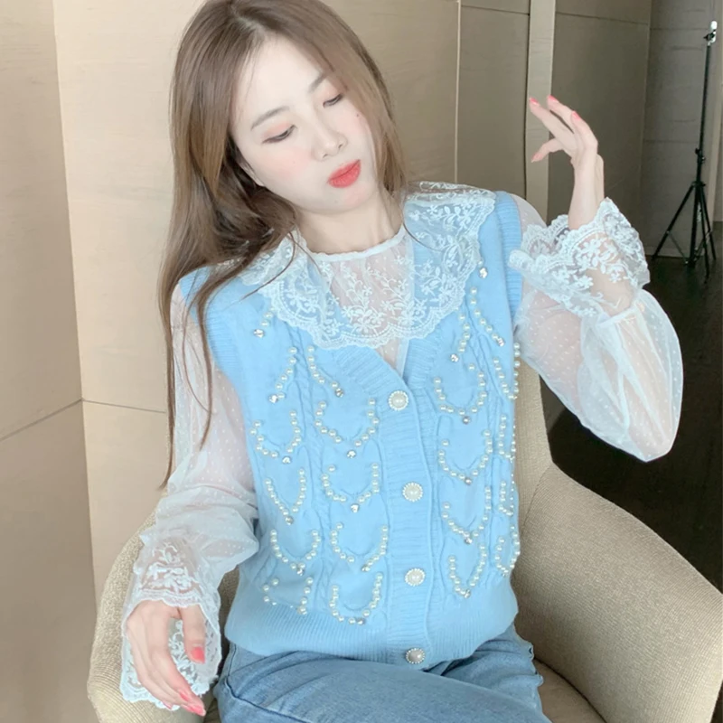 Elegant Lace Shirt Knitted Vest Set Women's Spring Autumn Fashion Top Two-Piece Set Celebrity Goddess Style Polyester Fabric