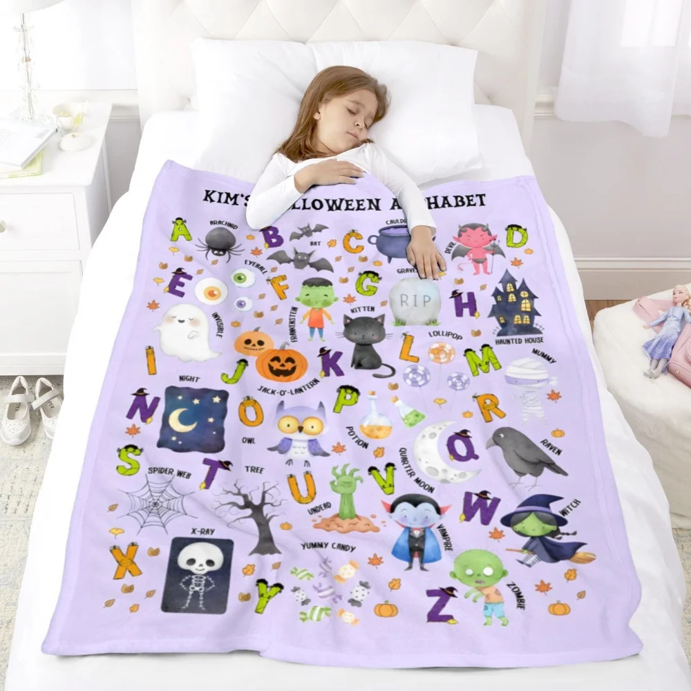 Custom Name Halloween Alphabet Throw Blanket Fleece Kids Educational ABC Ghost Pumpkin Witch Soft Bed Sofa Gift