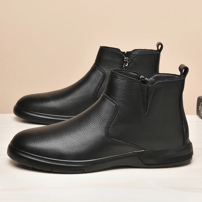 Clássico preto grosso sola negócios casual chelsea botas de fundo plano respirável antiderrapante quente high-end moda botas curtas